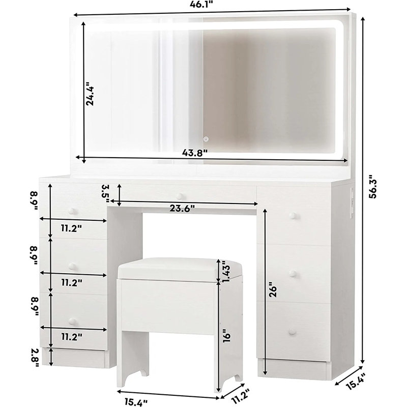 Sweetcrispy Vanity Desk With Adjustable Lighten Mirror & Power Outlet Makeup Desk For Bedroom With A Storage Cabinet And 3 Drawers 4 Storage Shelves White Dresser For Girls